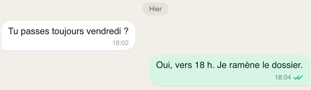Un échange dans Messagr : une question, une réponse, l'heure et la double coche.
